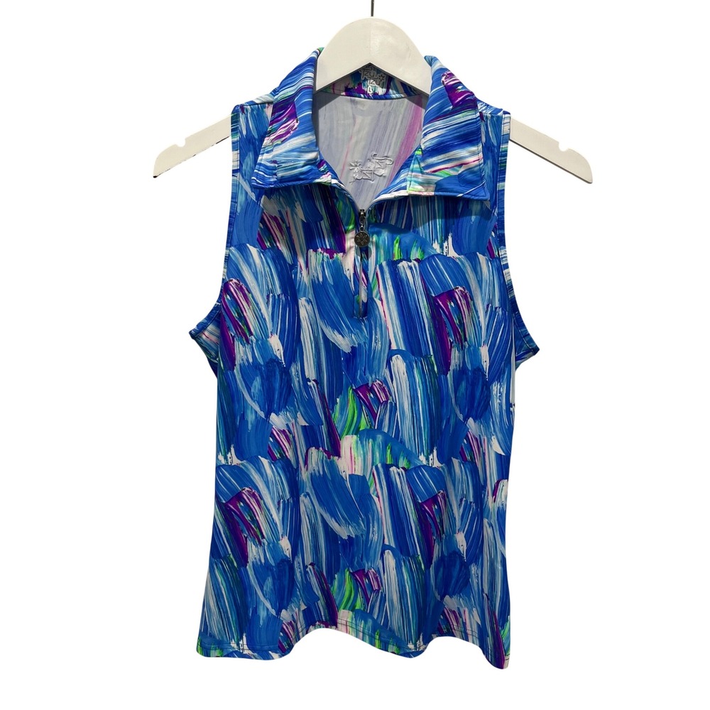 Tzu Tzu Sleeveless Quarter Zip Polo Shirt Women Large Blue Abstract Athleisure